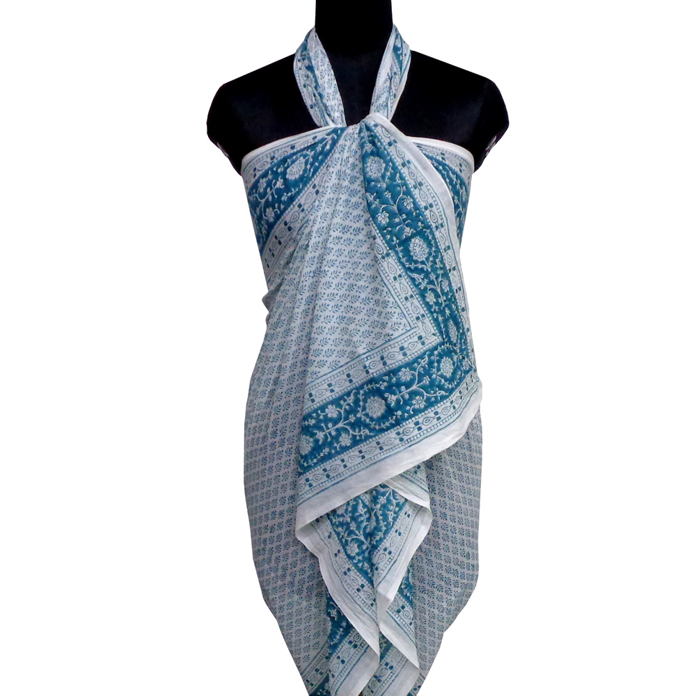 Beach Wrap Sarong Womens Swimwear Wraparound Pareo Soft Cotton Hand Block Printed Neem Turquoise 301972