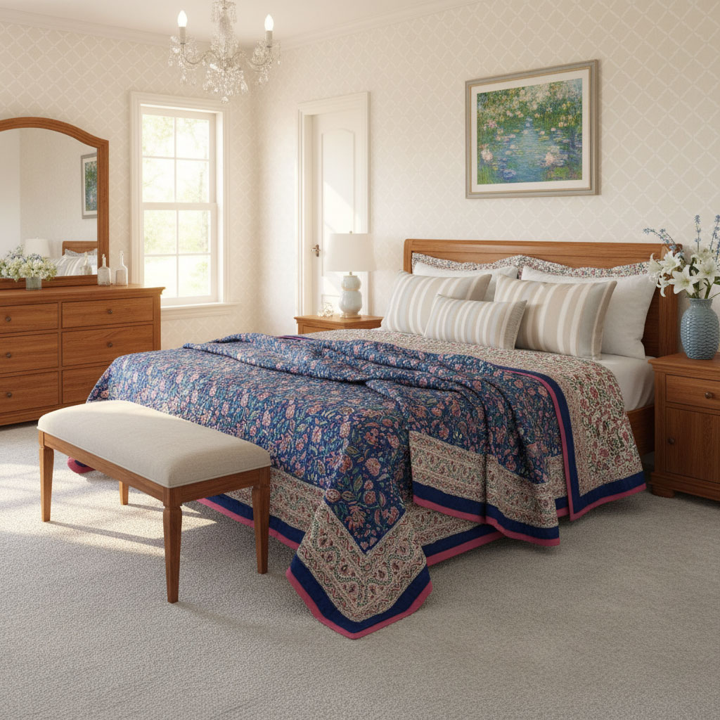 Hand Block Printed Cotton Queen Size Quilt New Blue Pink 504725