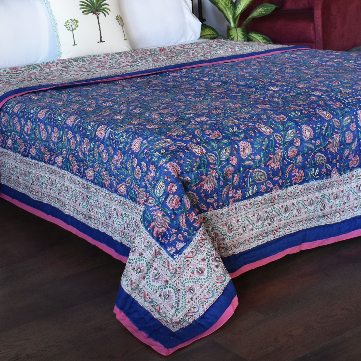 Hand Block Printed Cotton Queen Size Quilt  New Blue Pink 504725