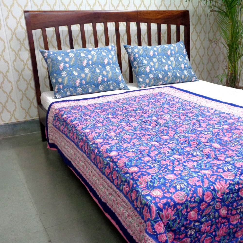 Hand Block Printed Cotton Twin Size Quilt New Blue Pink 504725