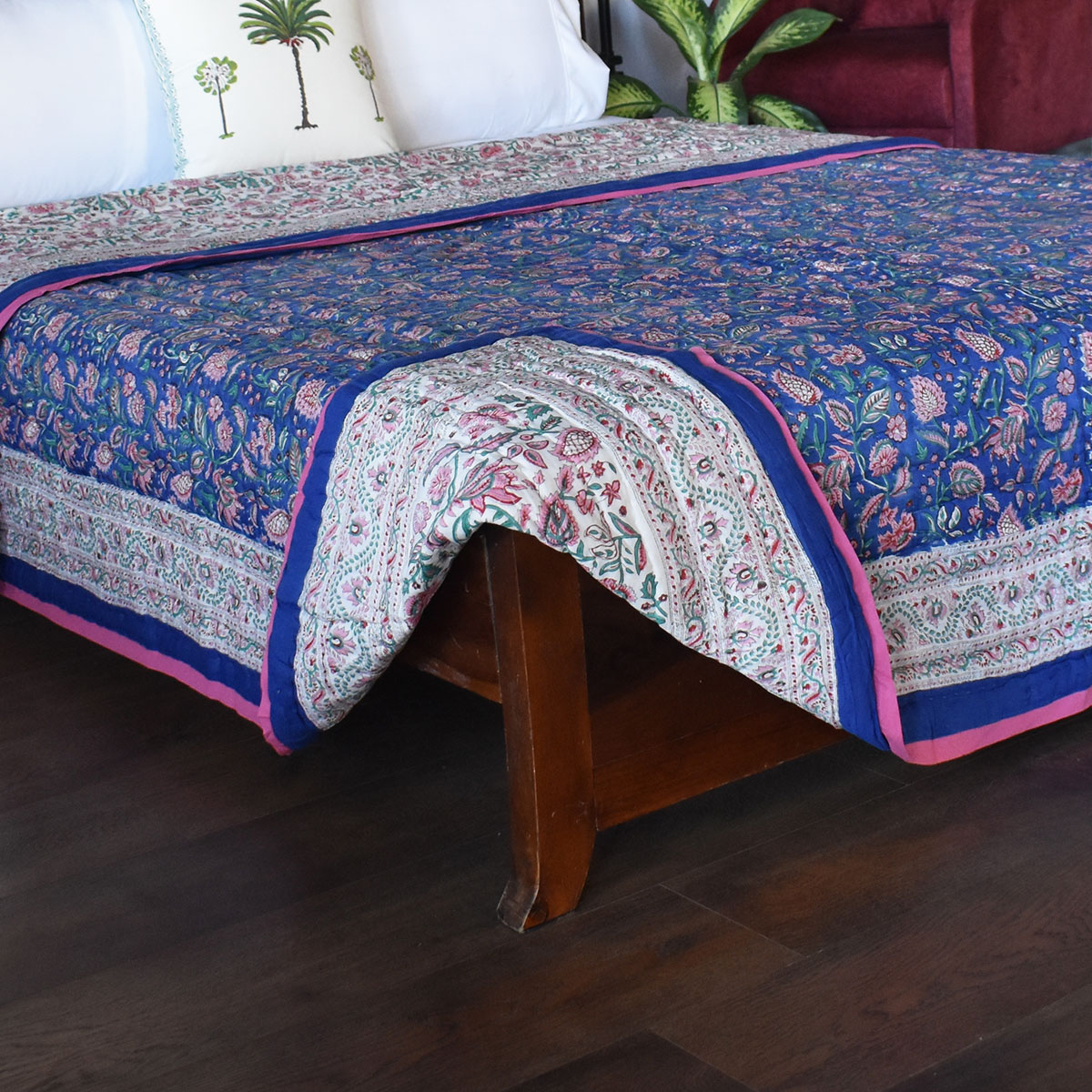 Hand Block Printed Cotton Queen Size Quilt New Blue Pink 504725