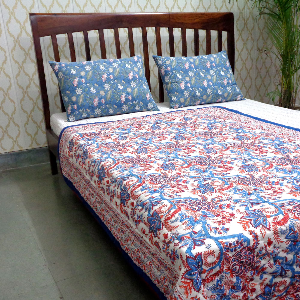 Hand Block Printed Cotton Twin Size Quilt New Dark Blue Flower 504650
