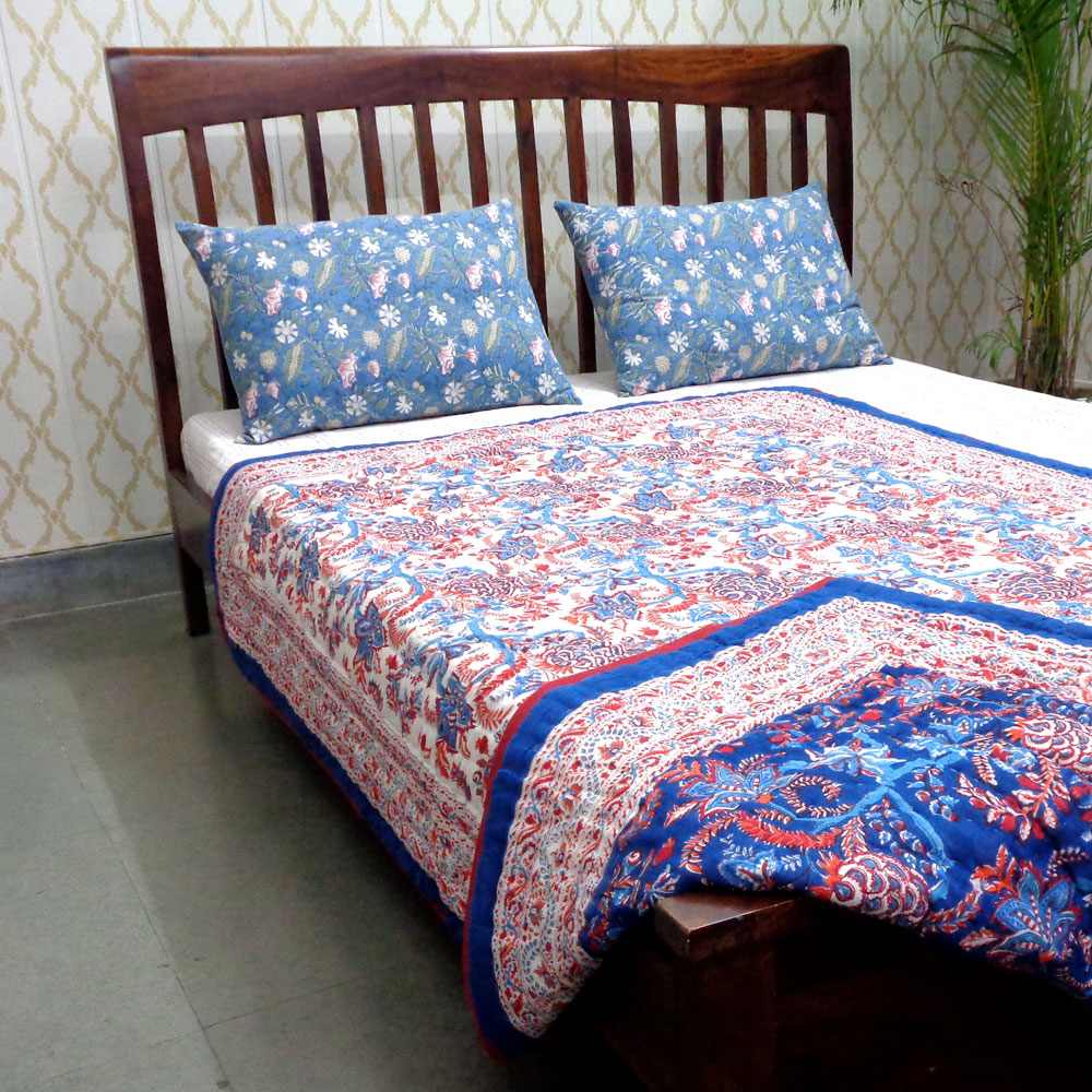 Hand Block Printed Cotton Twin Size Quilt New Dark Blue Flower 504650