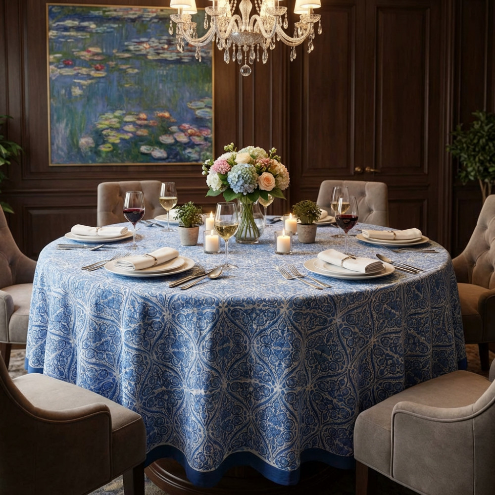 Image of Hand Block Printed Cotton Round Tablecloth 150 cms | Nili Phool Chokri 106104