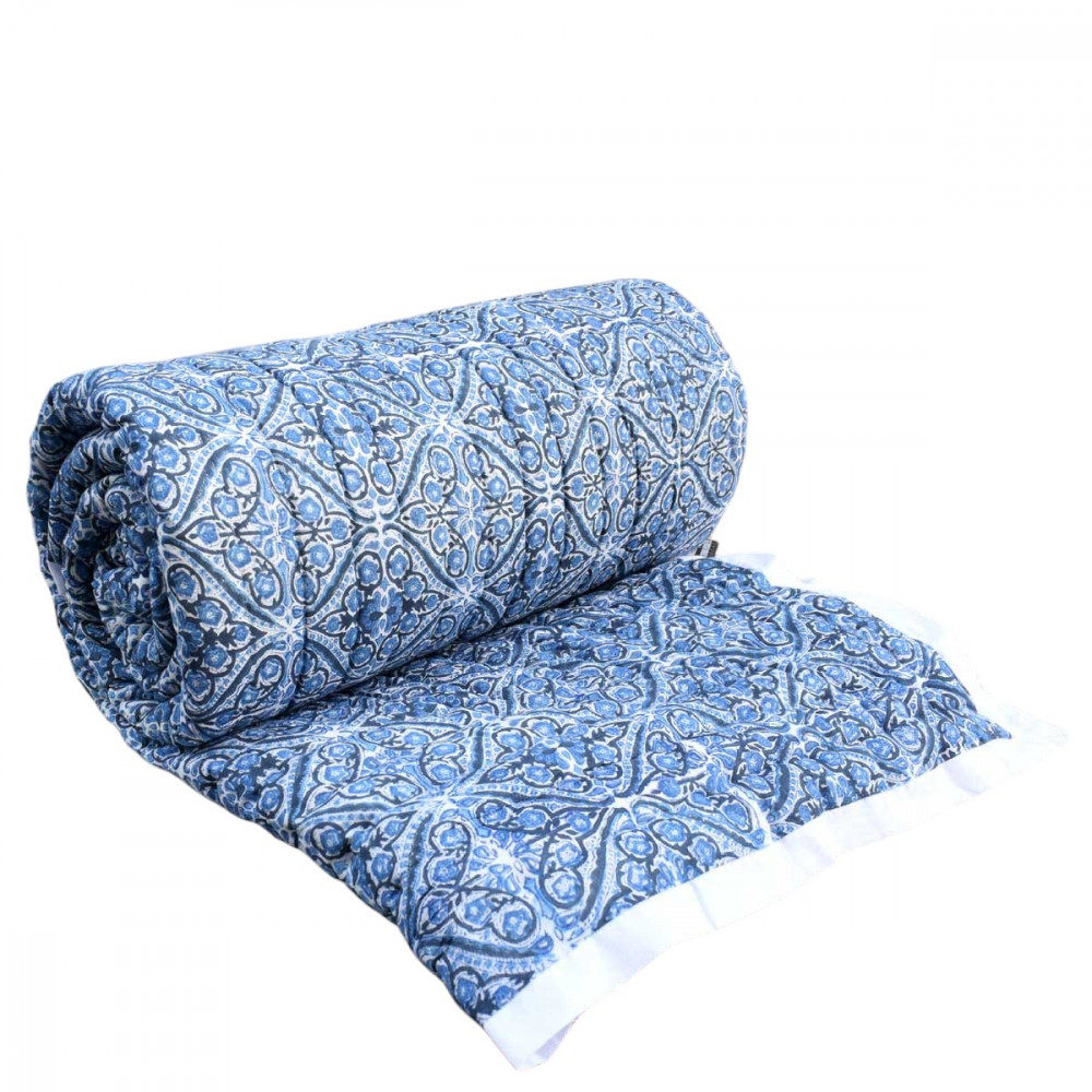 Image of Hand Block Printed Cotton Queen Size Quilt | Nili Phool Chokri 106104
