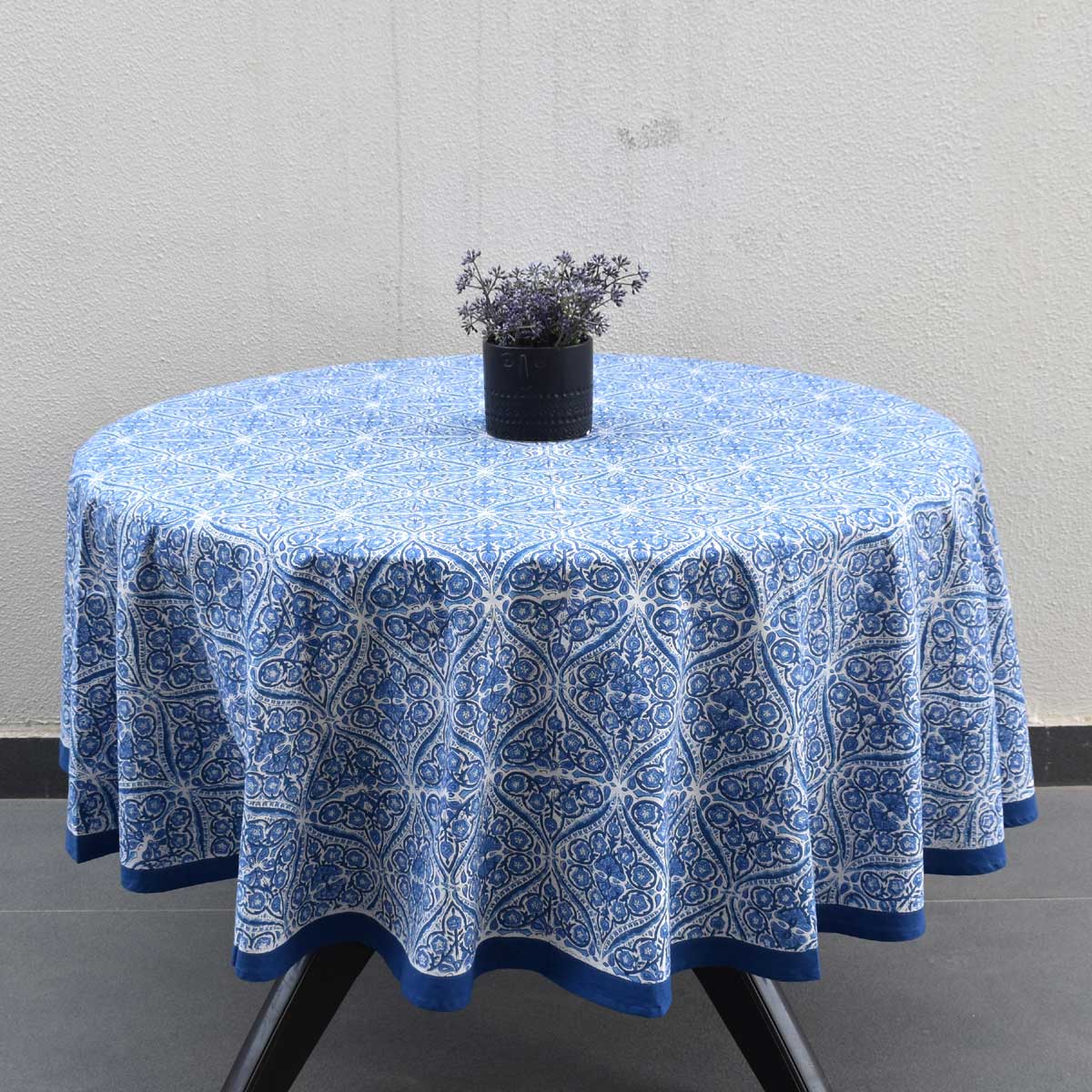 Hand Block Printed Cotton Round Tablecloth 180 cms Nili Phool Chokri 106104