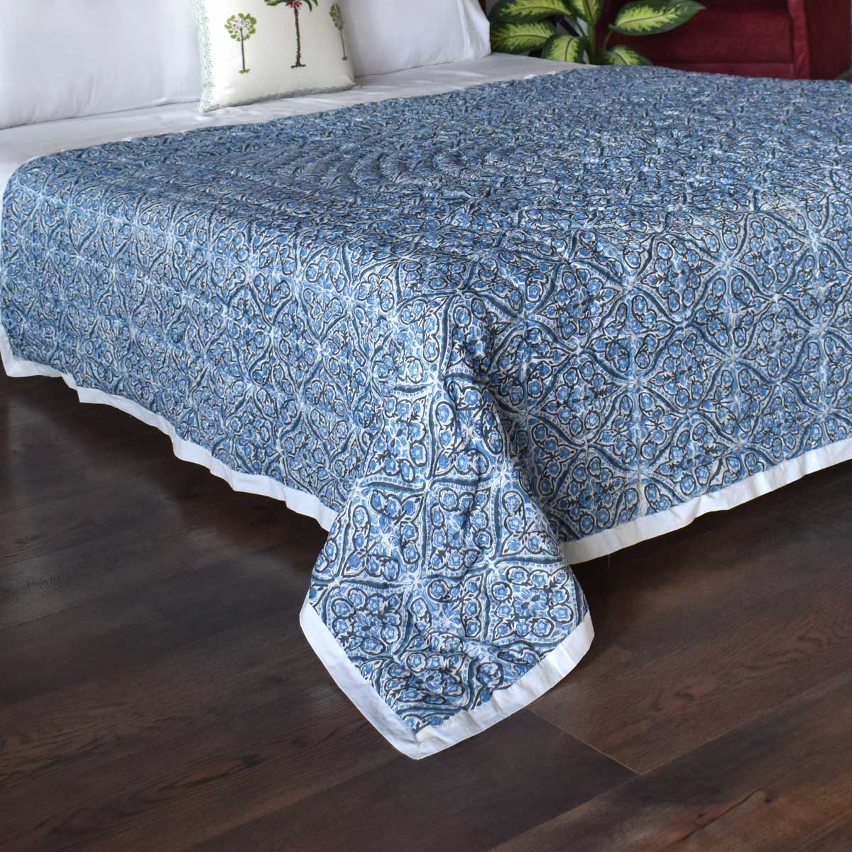 Hand Block Printed Cotton Twin Long Size Quilt Nili Phool Chokri 106104