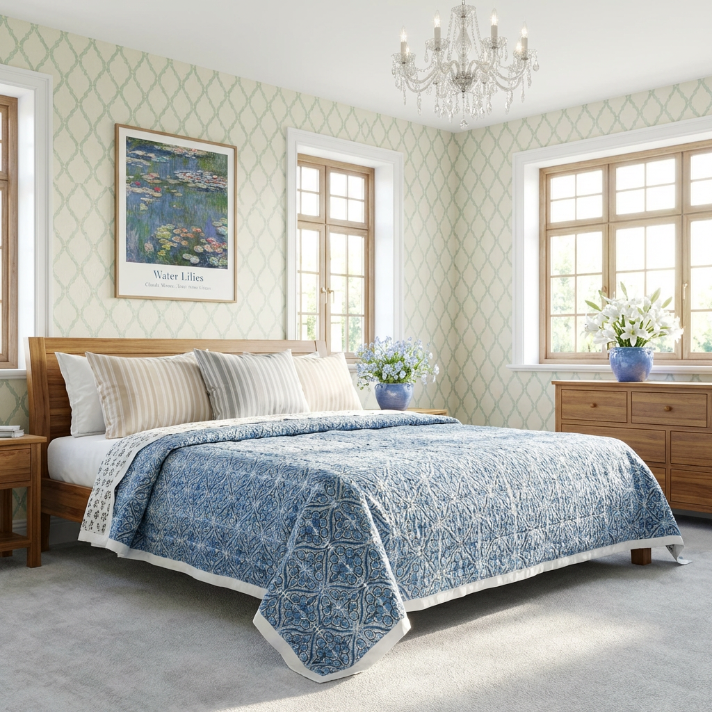 Hand Block Printed Cotton Twin Size Quilt Nili Phool Chokri 106104