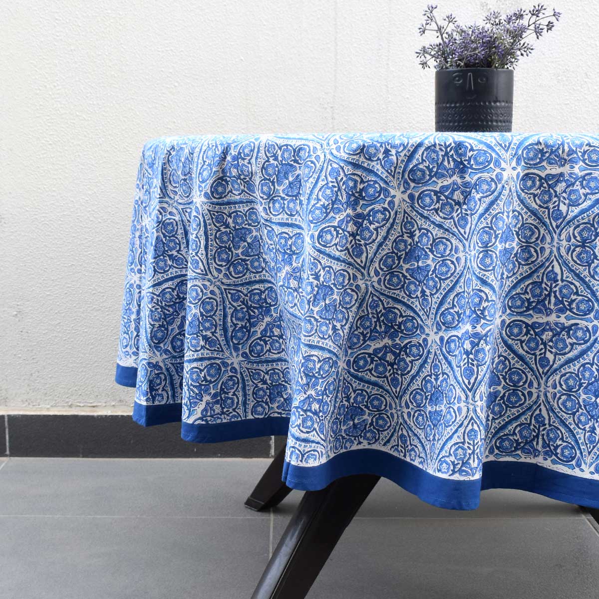 Hand Block Printed Cotton Round Tablecloth 180 cms Nili Phool Chokri 106104