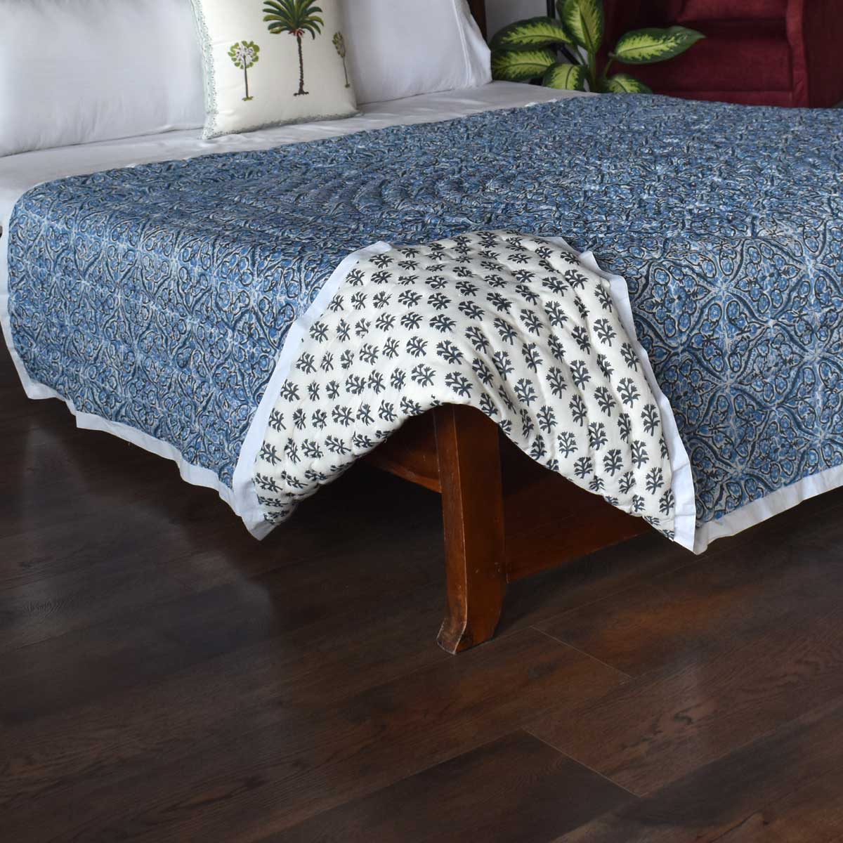 Hand Block Printed Cotton Twin Long Size Quilt Nili Phool Chokri 106104