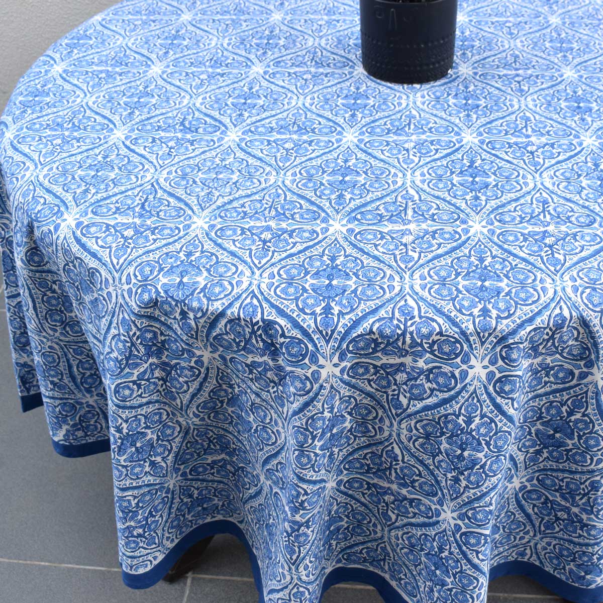 Hand Block Printed Cotton Round Tablecloth 150 cms Nili Phool Chokri 106104
