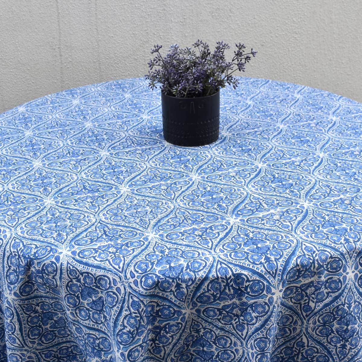 Hand Block Printed Cotton Round Tablecloth 180 cms Nili Phool Chokri 106104