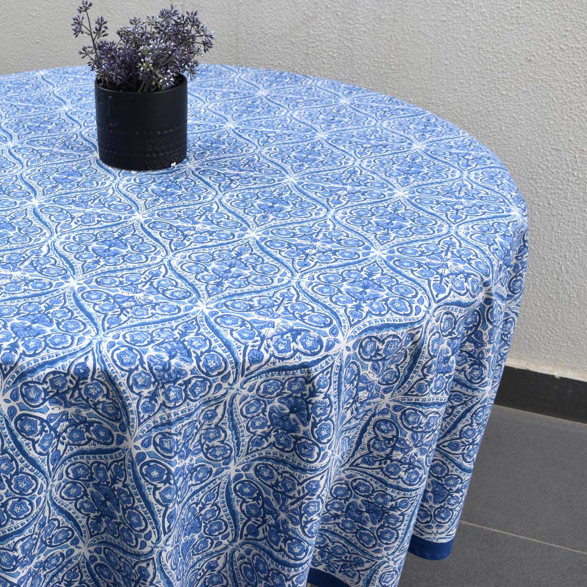 Hand Block Printed Cotton Round Tablecloth 180 cms Nili Phool Chokri 106104