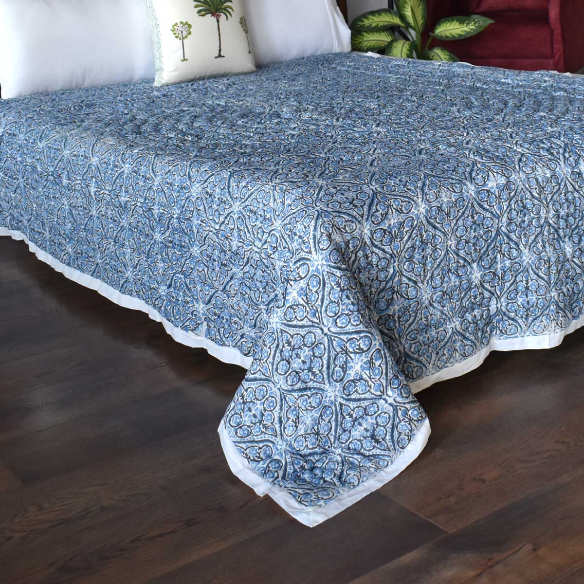 Hand Block Printed Cotton Twin Long Size Quilt Nili Phool Chokri 106104