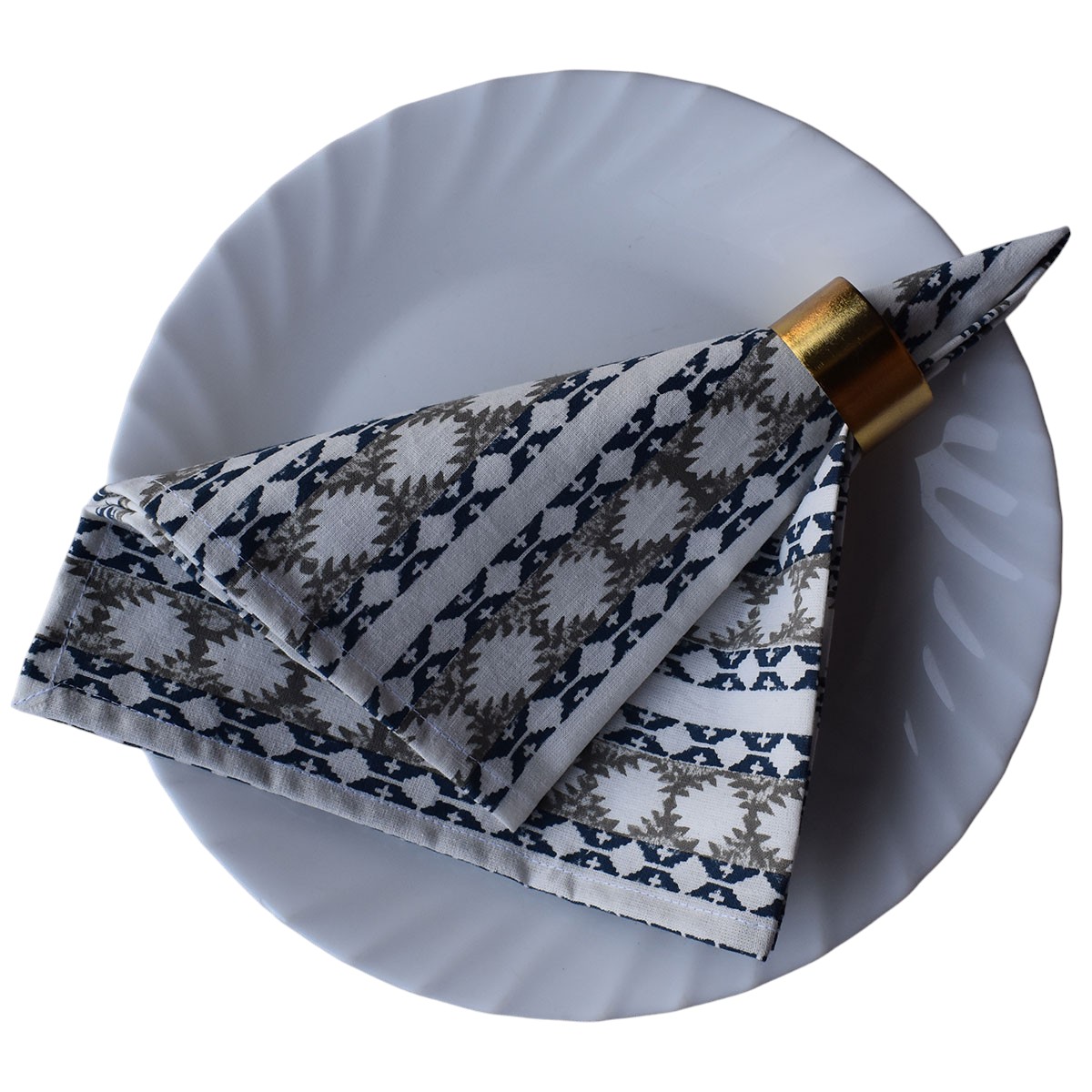 Hand Block Printed Cotton Napkin 45x45 cms Set of 4 Napkins Nordic Blue Greystone Stripe 202527