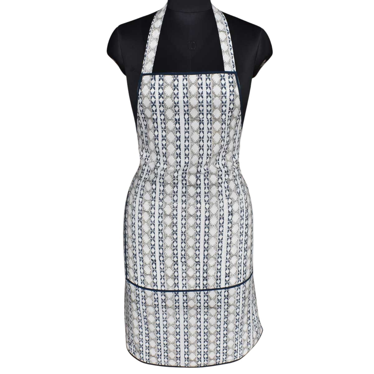 Indian Block-Printed 100 Cotton Apron Nordic Blue Greystone Stripe 202527