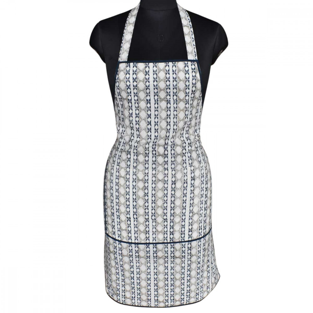 Image of Indian Block-Printed 100% Cotton Apron | Nordic Blue Greystone Stripe 202527