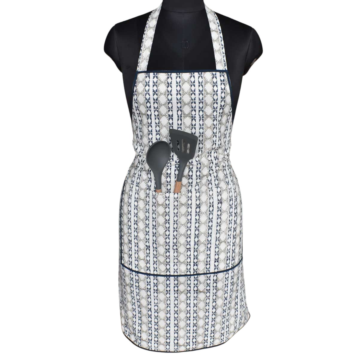 Indian Block-Printed 100 Cotton Apron Nordic Blue Greystone Stripe 202527