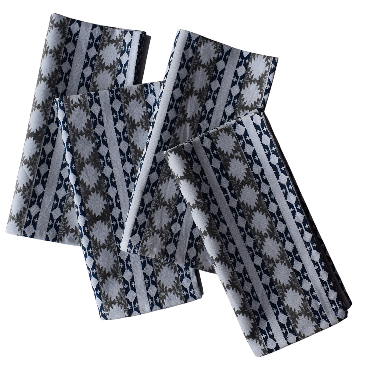 Hand Block Printed Cotton Napkin 45x45 cms Set of 4 Napkins Nordic Blue Greystone Stripe 202527