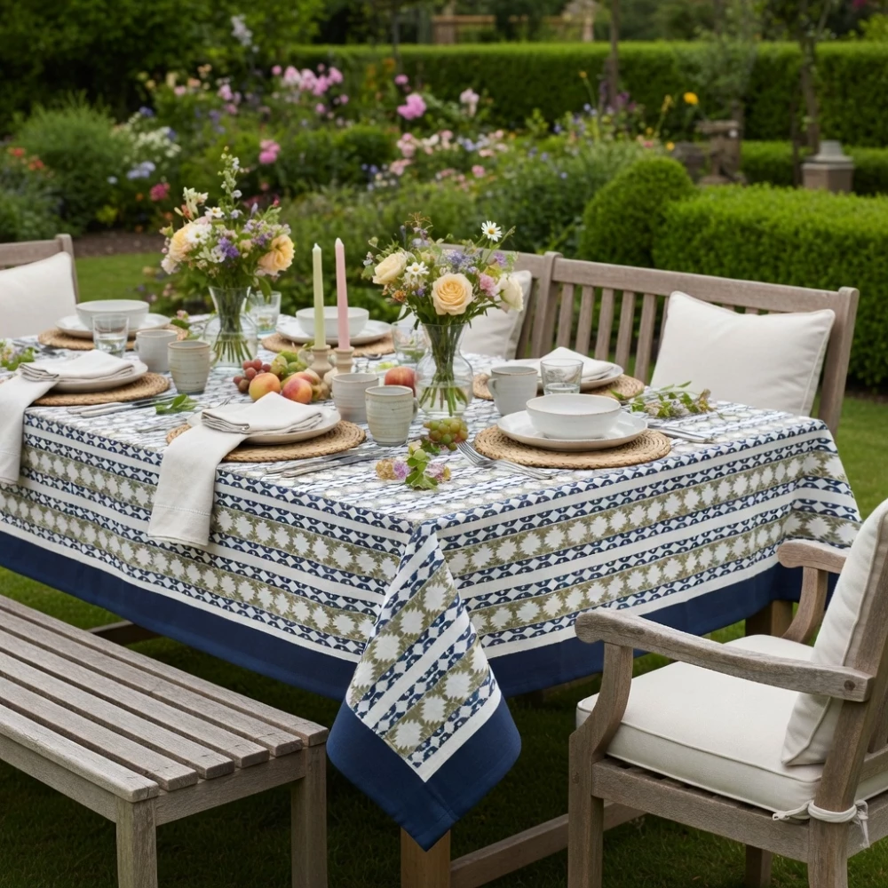 Image of 12 Seater Tablecloth – 180x340 cms | Nordic Blue Greystone Stripe 202527