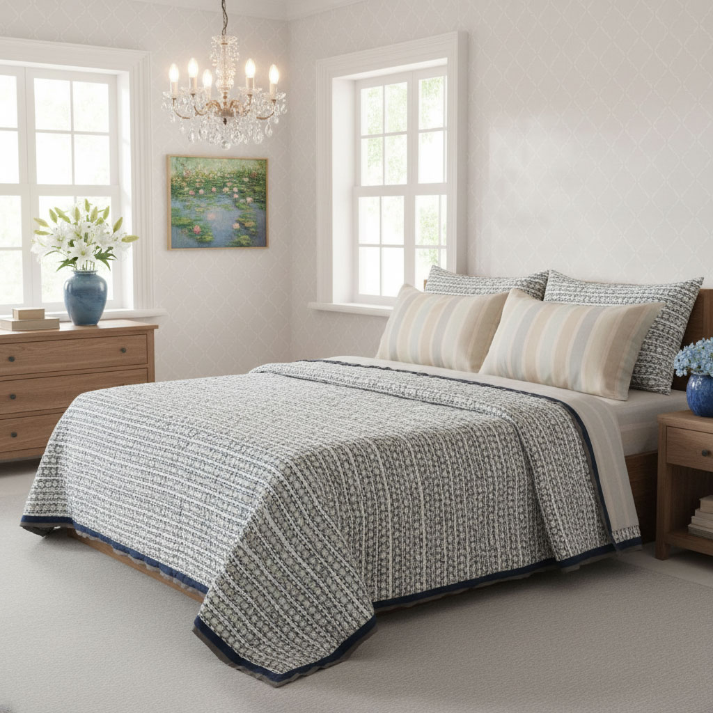 Hand Block Printed Cotton Twin Size Quilt  Nordic Blue Greystone Stripe 202527