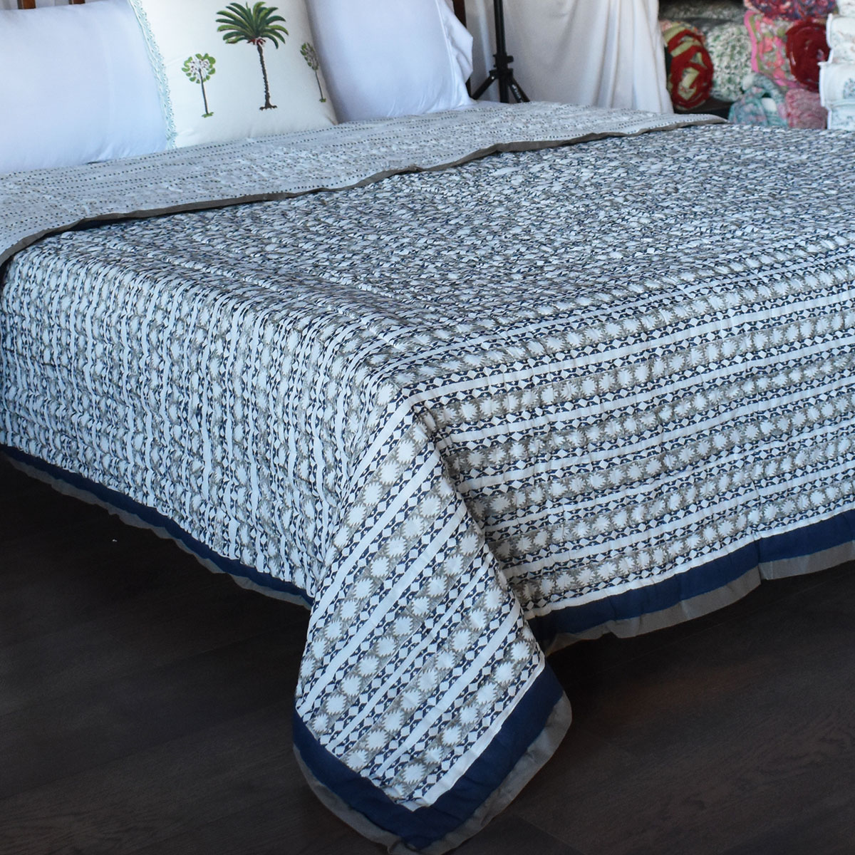 Hand Block Printed Cotton Queen Size Quilt Nordic Blue Greystone Stripe 202527