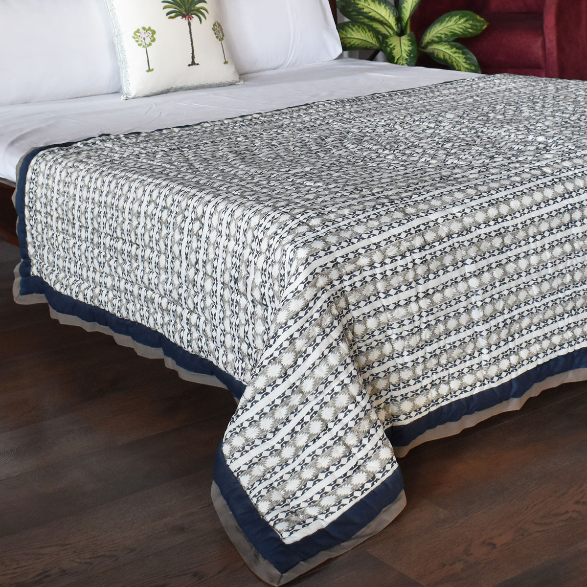 Hand Block Printed Cotton Twin Size Quilt Nordic Blue Greystone Stripe 202527