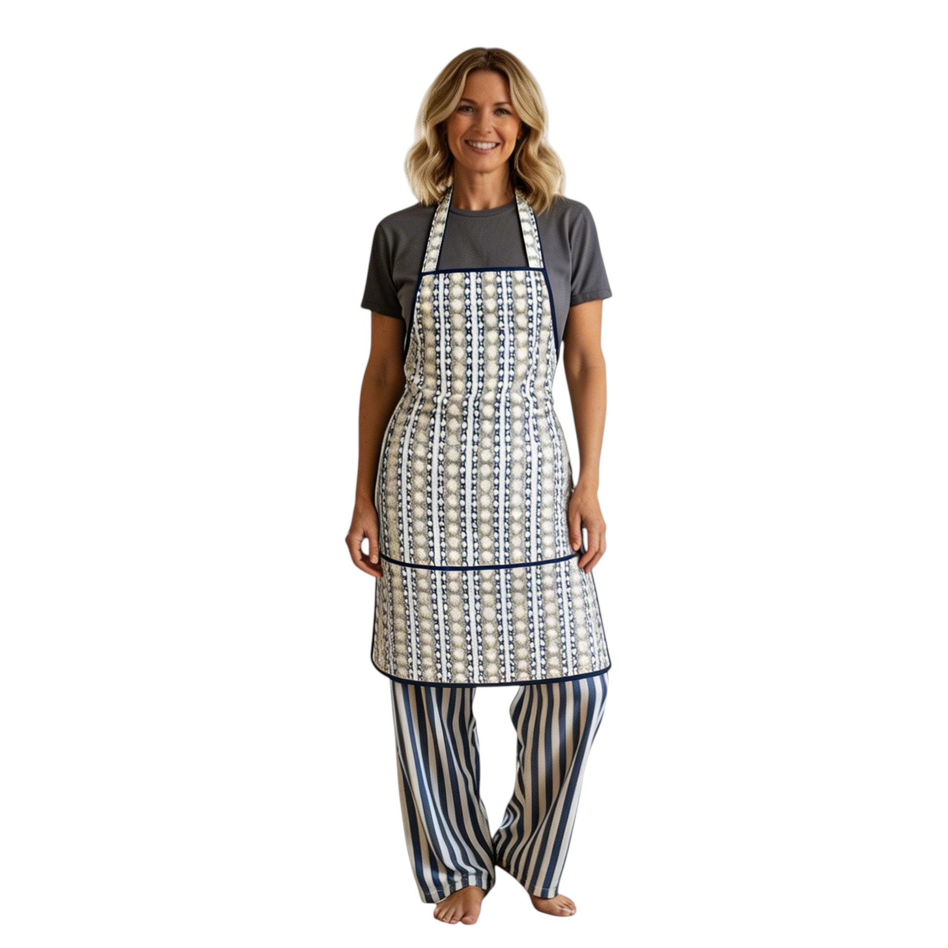 Indian Block-Printed 100 Cotton Apron Nordic Blue Greystone Stripe 202527