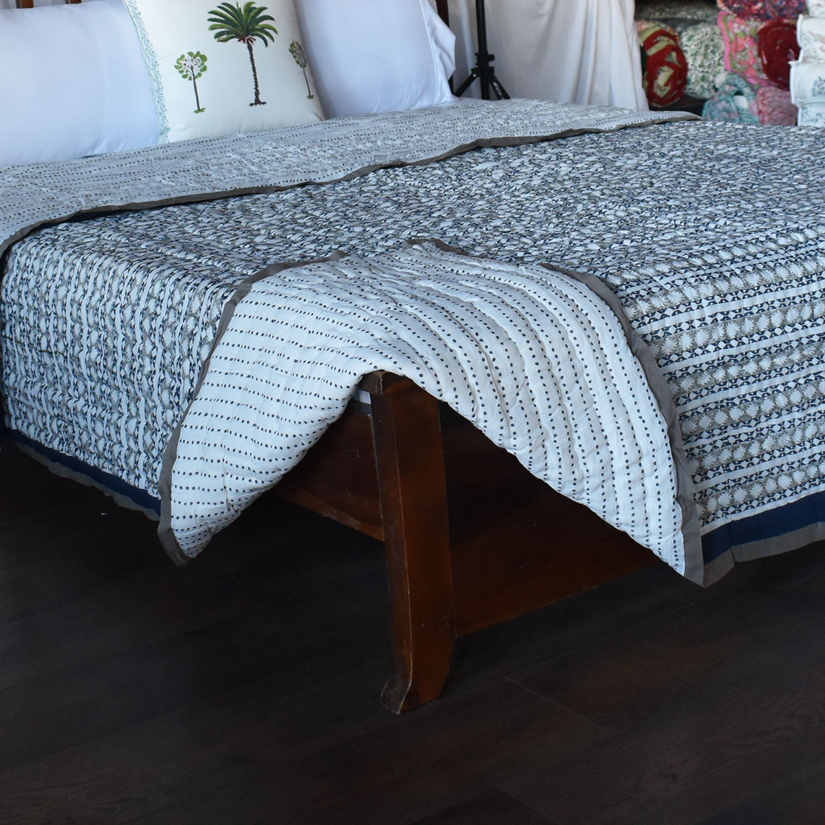 Hand Block Printed Cotton Queen Size Quilt Nordic Blue Greystone Stripe 202527