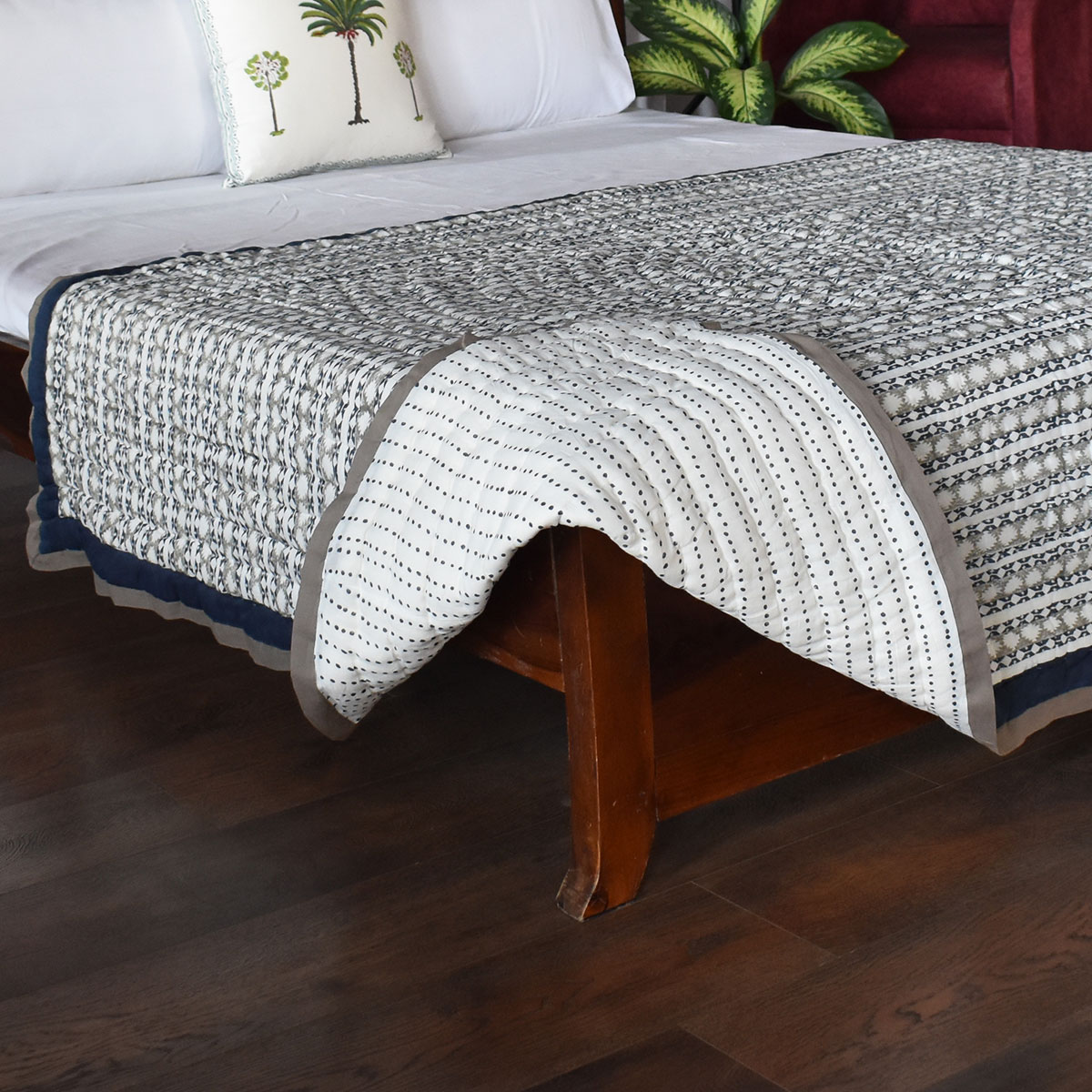 Hand Block Printed Cotton Twin Size Quilt Nordic Blue Greystone Stripe 202527