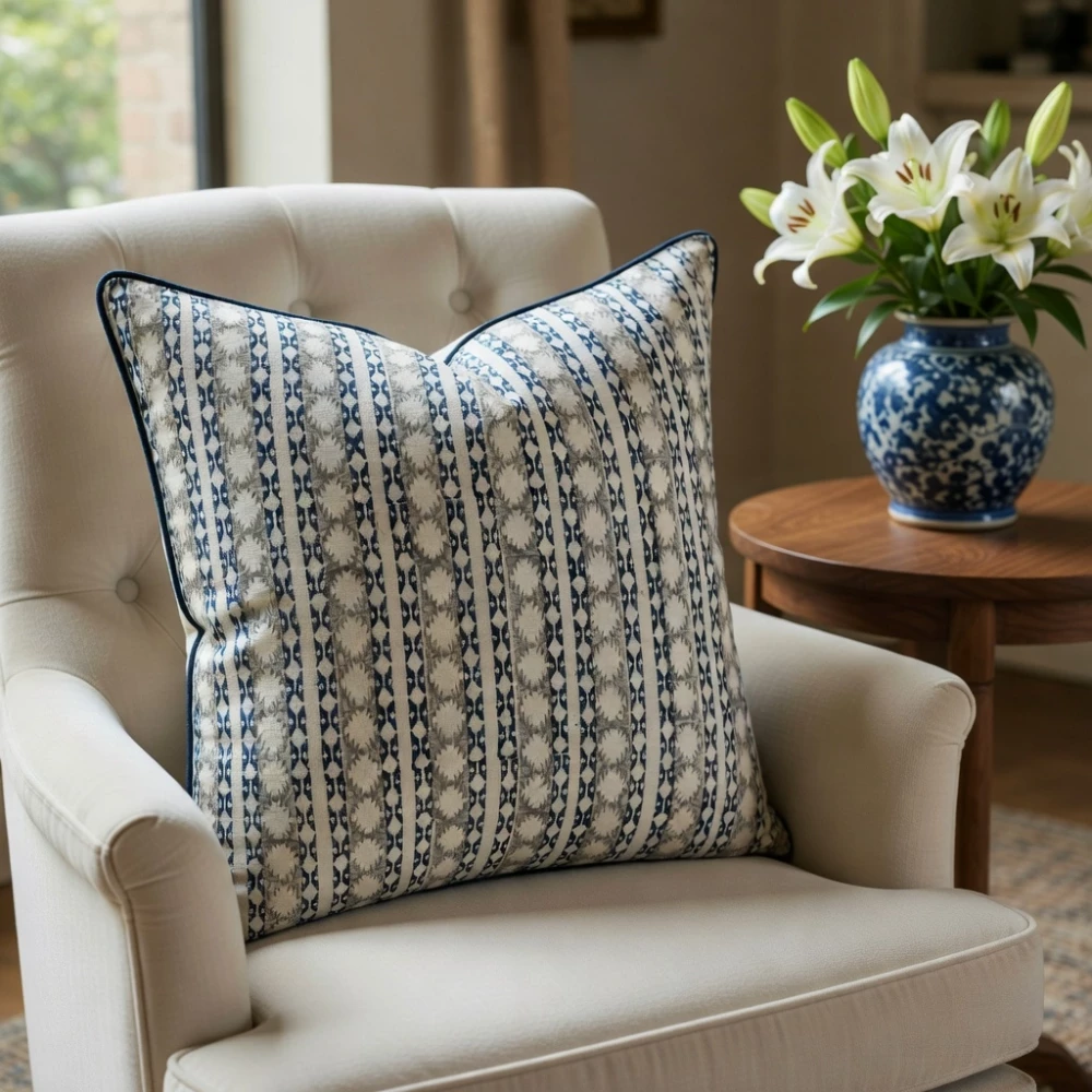 Image of Piping Cushion Cover 50x50 cms | Nordic Blue Greystone Stripe 202527