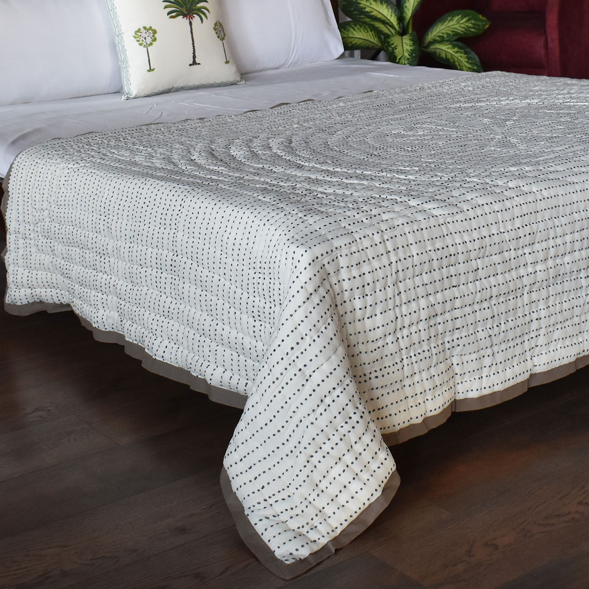 Hand Block Printed Cotton Twin Size Quilt  Nordic Blue Greystone Stripe 202527