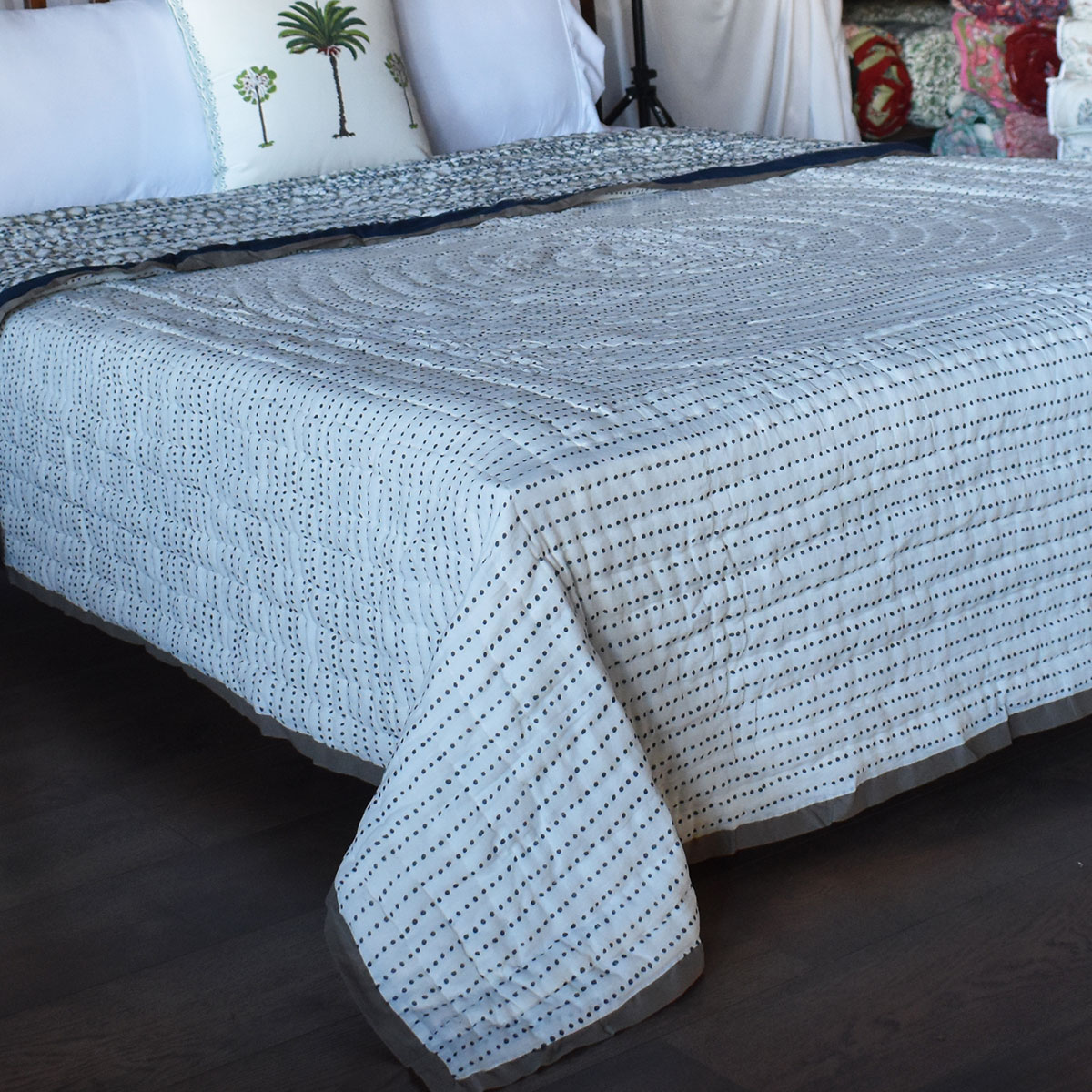 Hand Block Printed Cotton King Size Quilt  Nordic Blue Greystone Stripe 202527