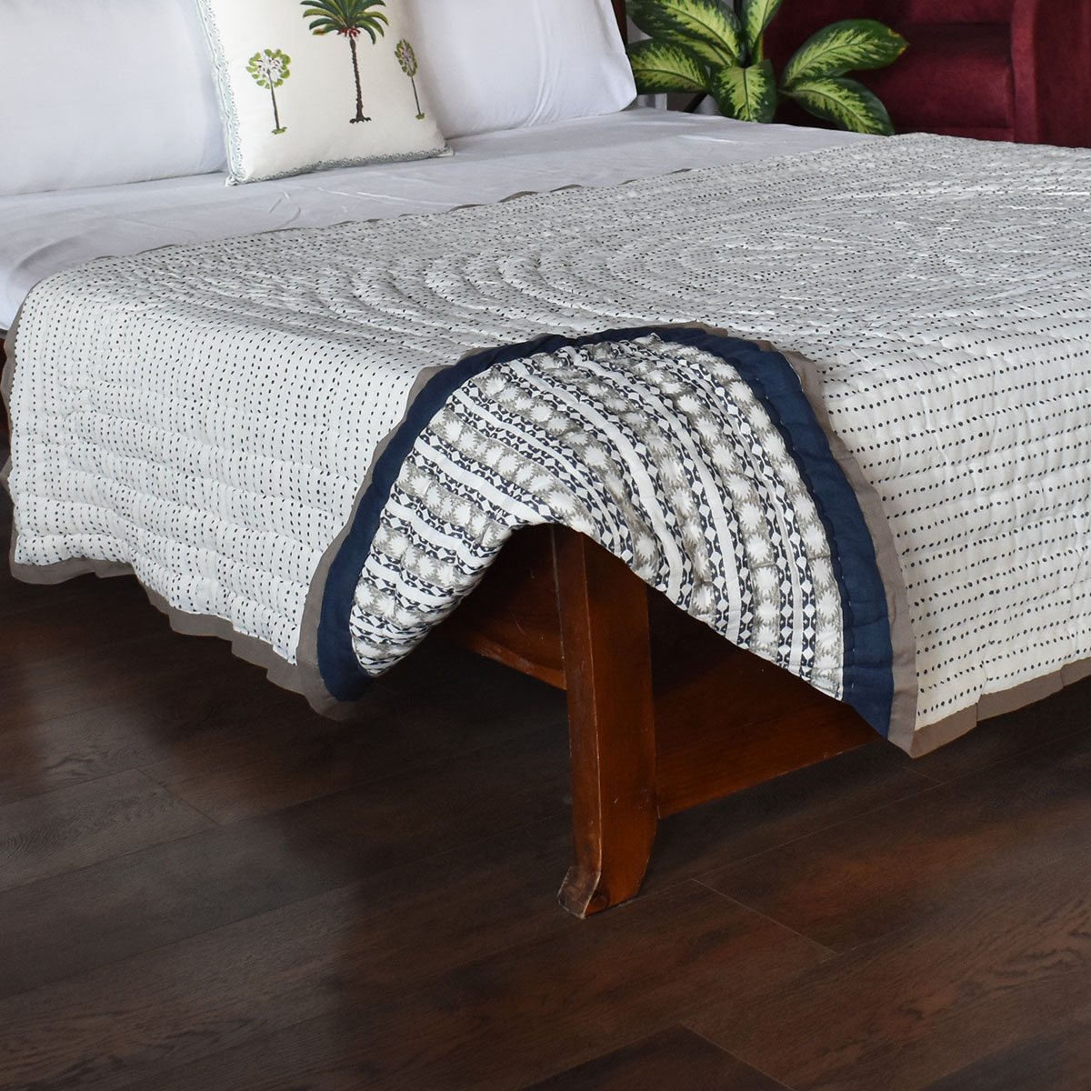 Hand Block Printed Cotton Twin Size Quilt Nordic Blue Greystone Stripe 202527