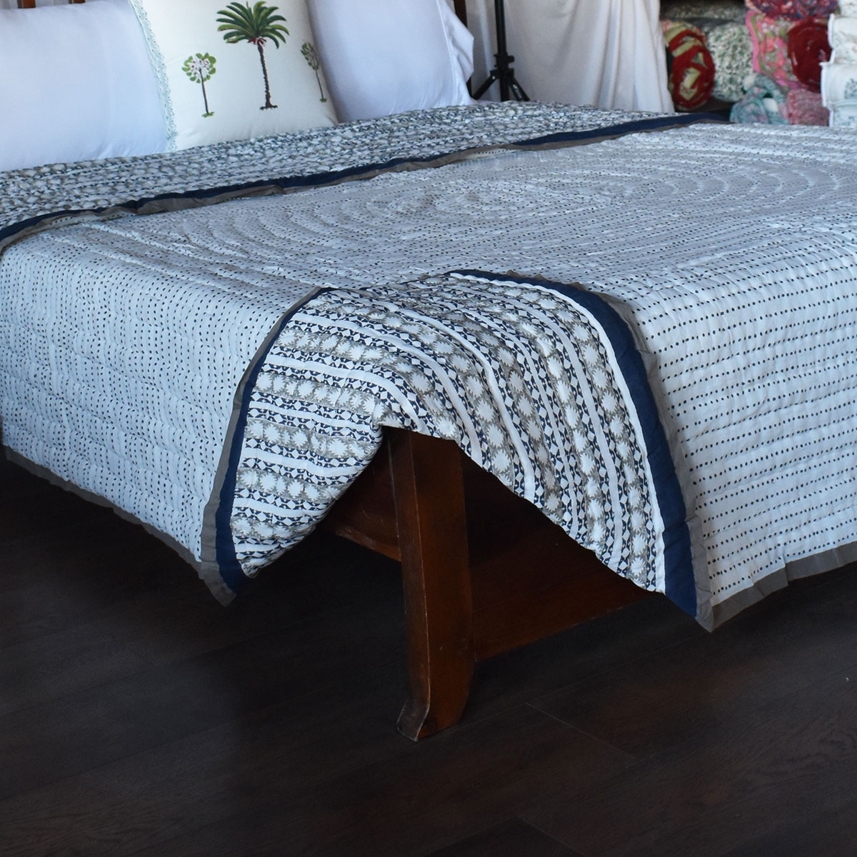 Hand Block Printed Cotton King Size Quilt  Nordic Blue Greystone Stripe 202527