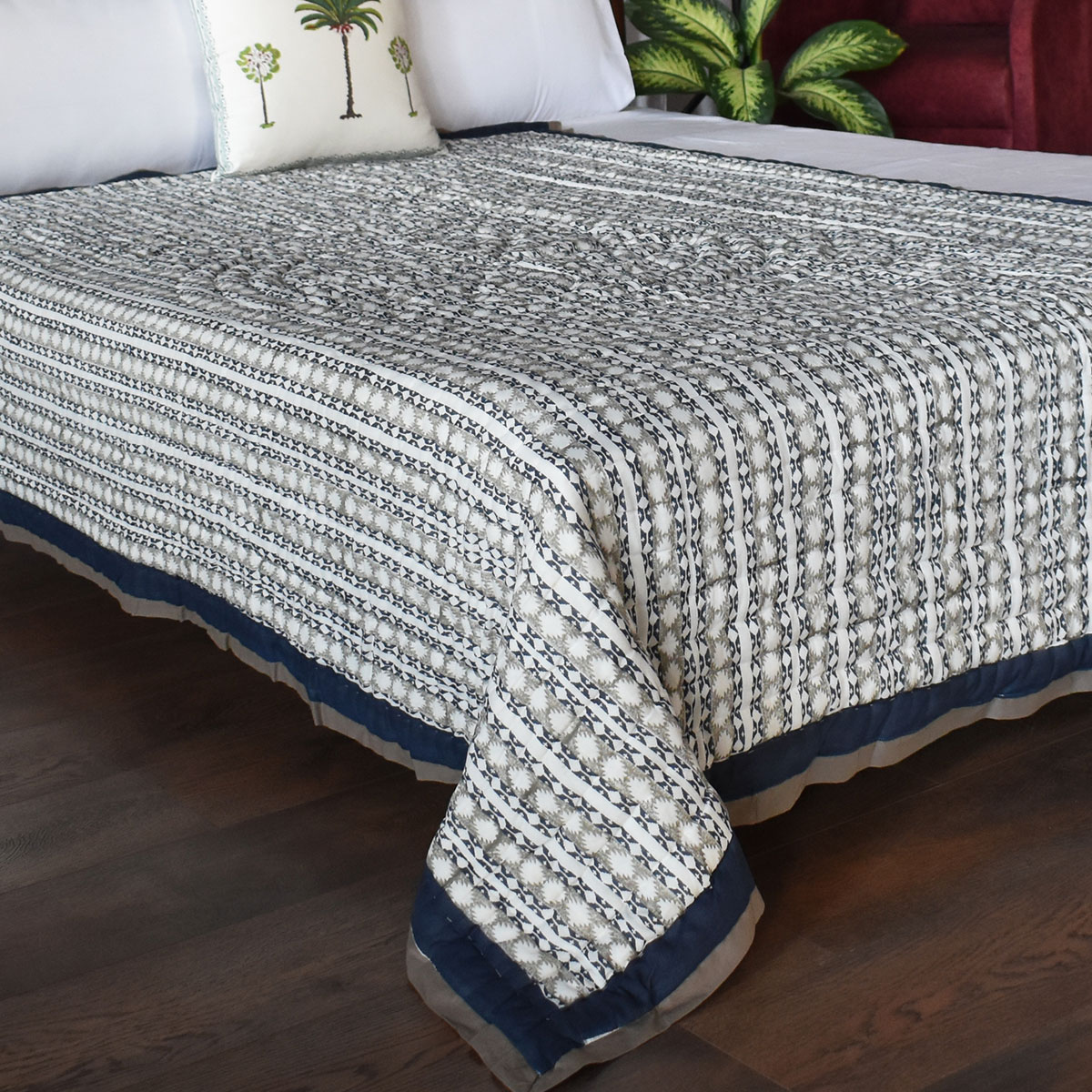 Hand Block Printed Cotton Twin Size Quilt Nordic Blue Greystone Stripe 202527