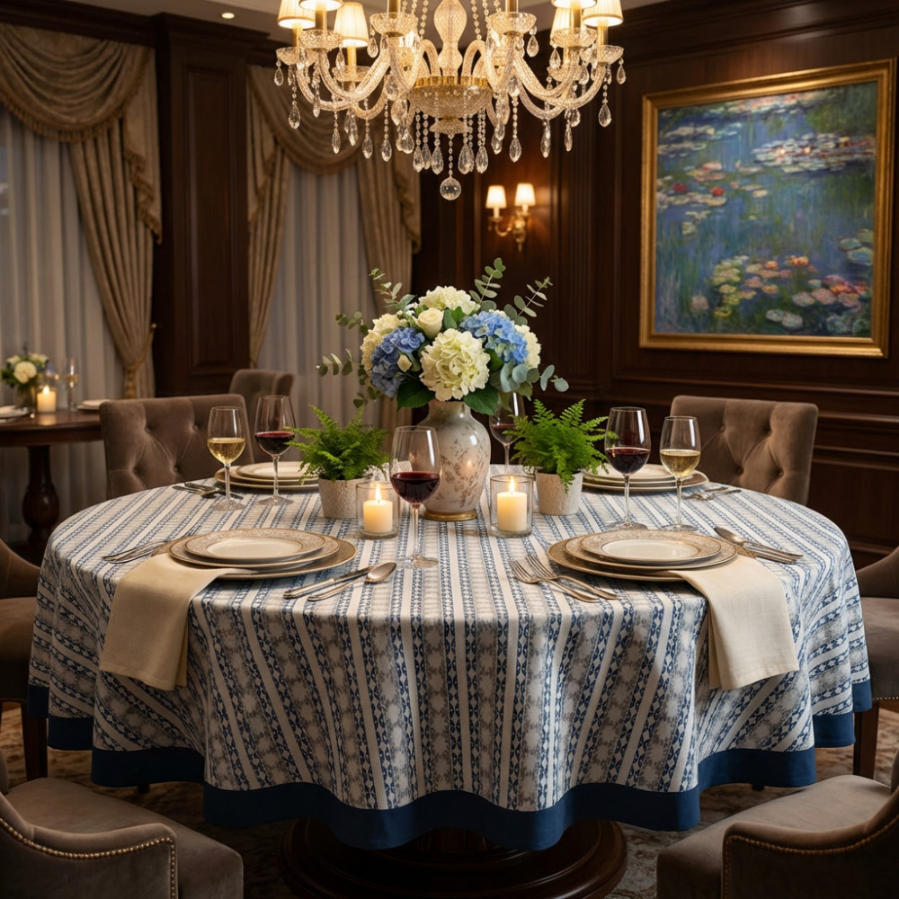 Image of Round  275 cms 100% Cotton Tablecloth | Nordic Blue Greystone Stripe 202527