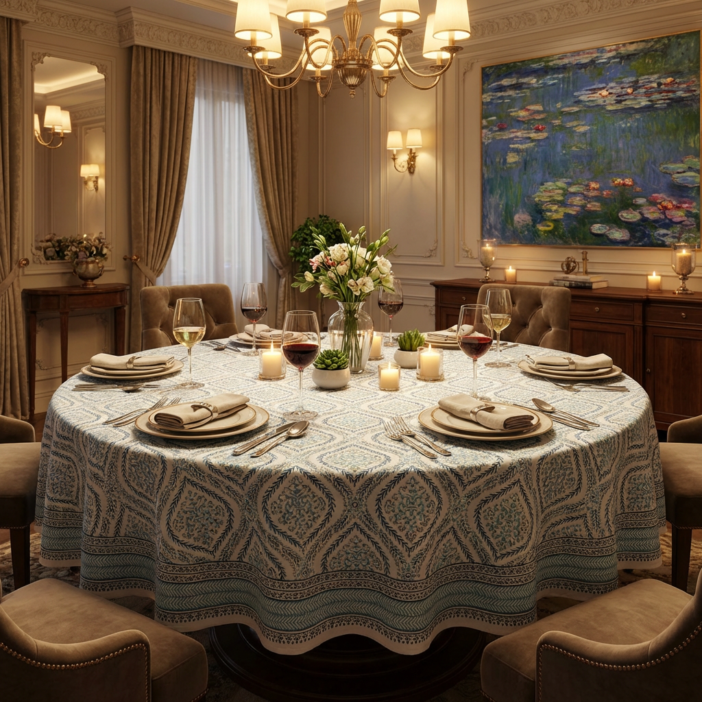 Round 220 cms Cotton French Design Table Cover  Ogee Cerulean Blue 202518