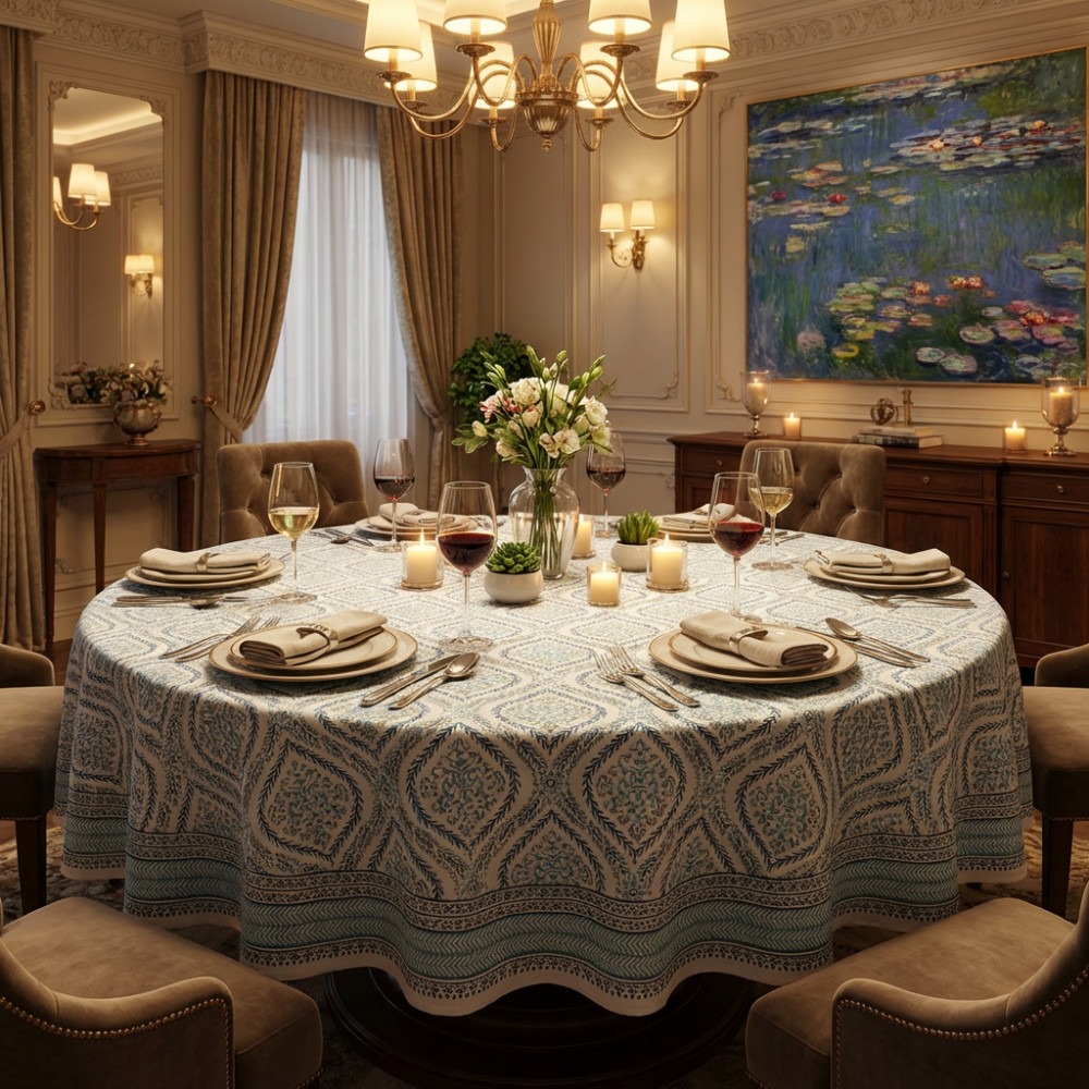 Image of Round 220 cms Cotton French Design Table Cover | Ogee Cerulean Blue 202518