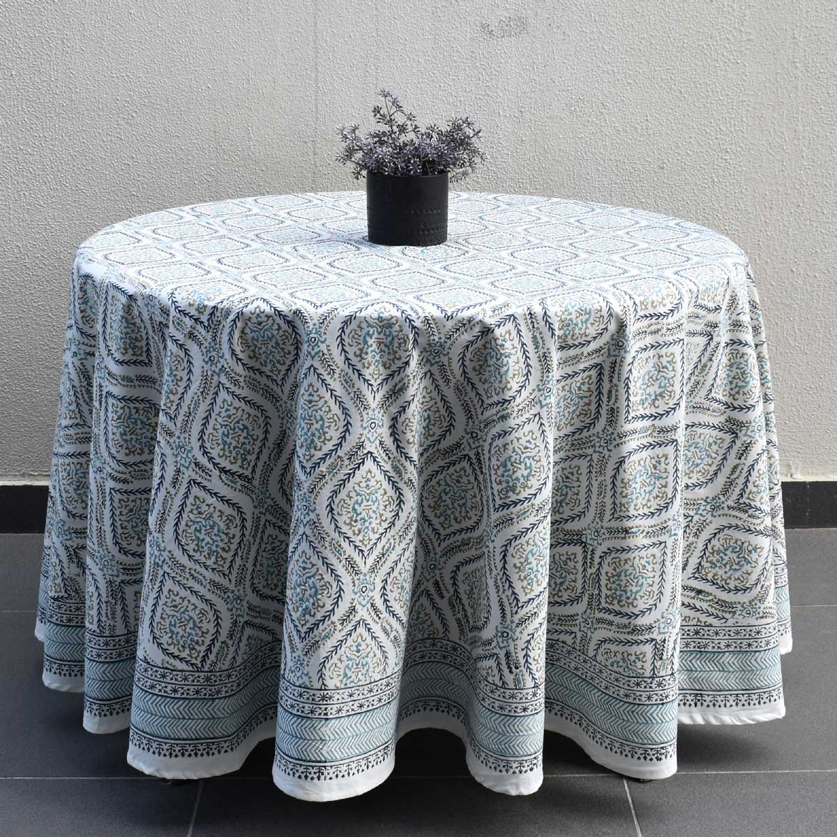 Round 220 cms Cotton French Design Table Cover Ogee Cerulean Blue 202518
