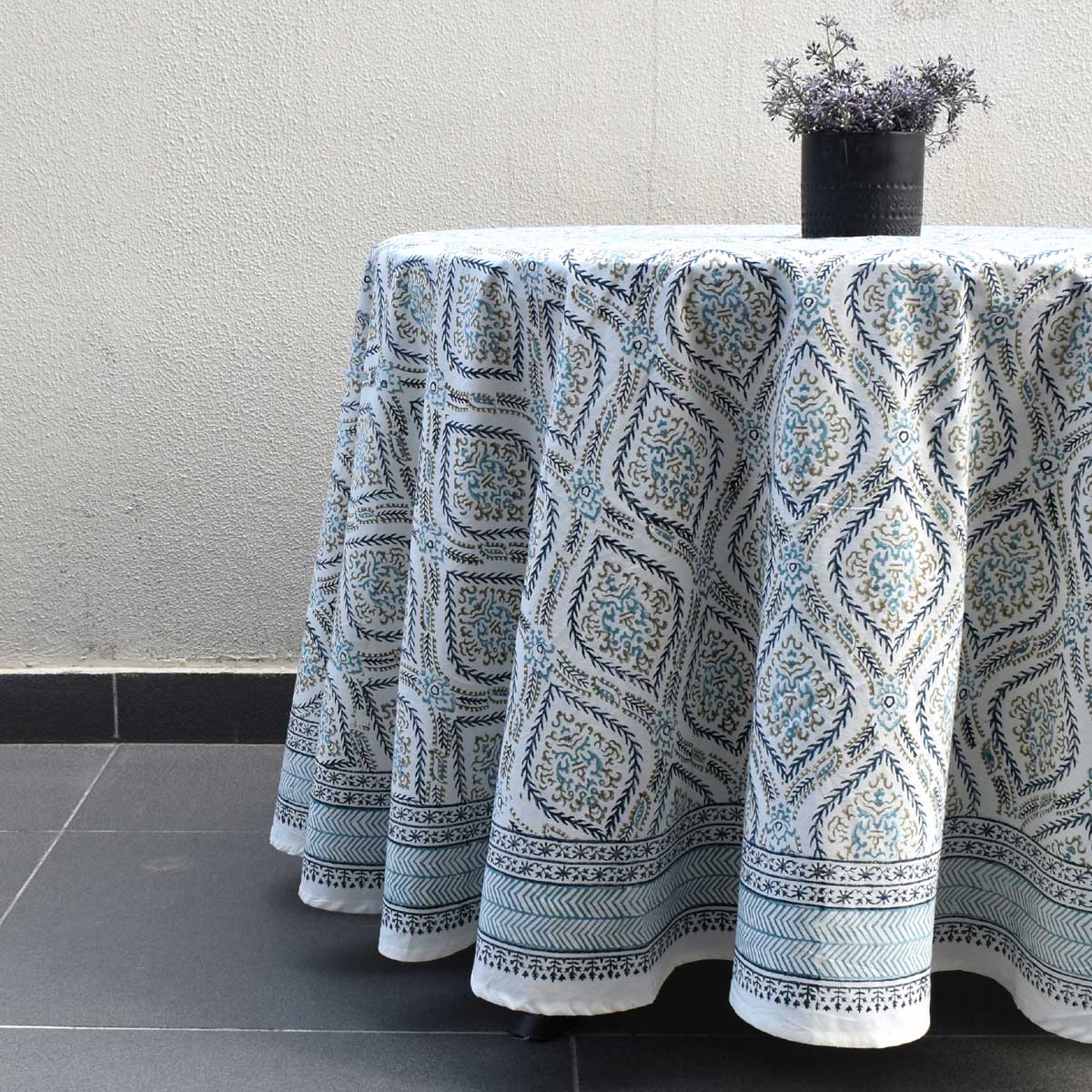 Round 220 cms Cotton French Design Table Cover Ogee Cerulean Blue 202518