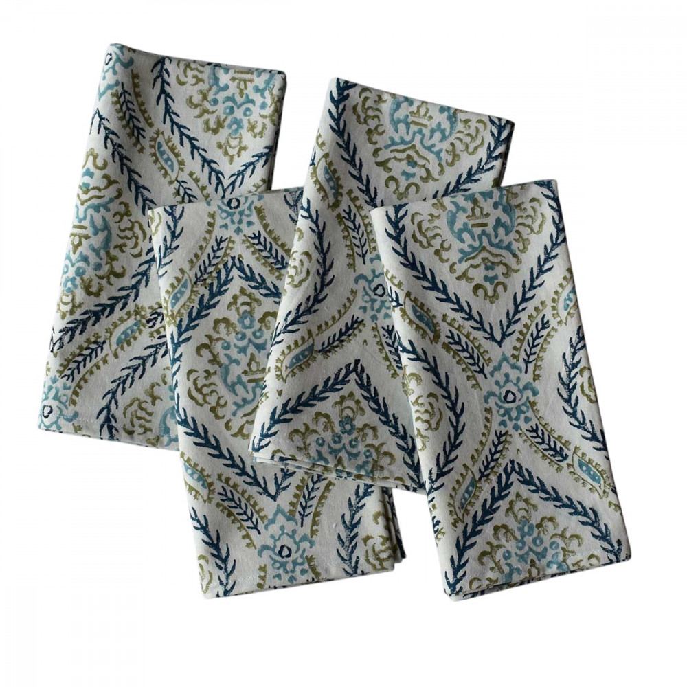 Image of Hand Block Printed Cotton Napkin 45x45 cms (Set of 4 Napkins) | Ogee Cerulean Blue 202518