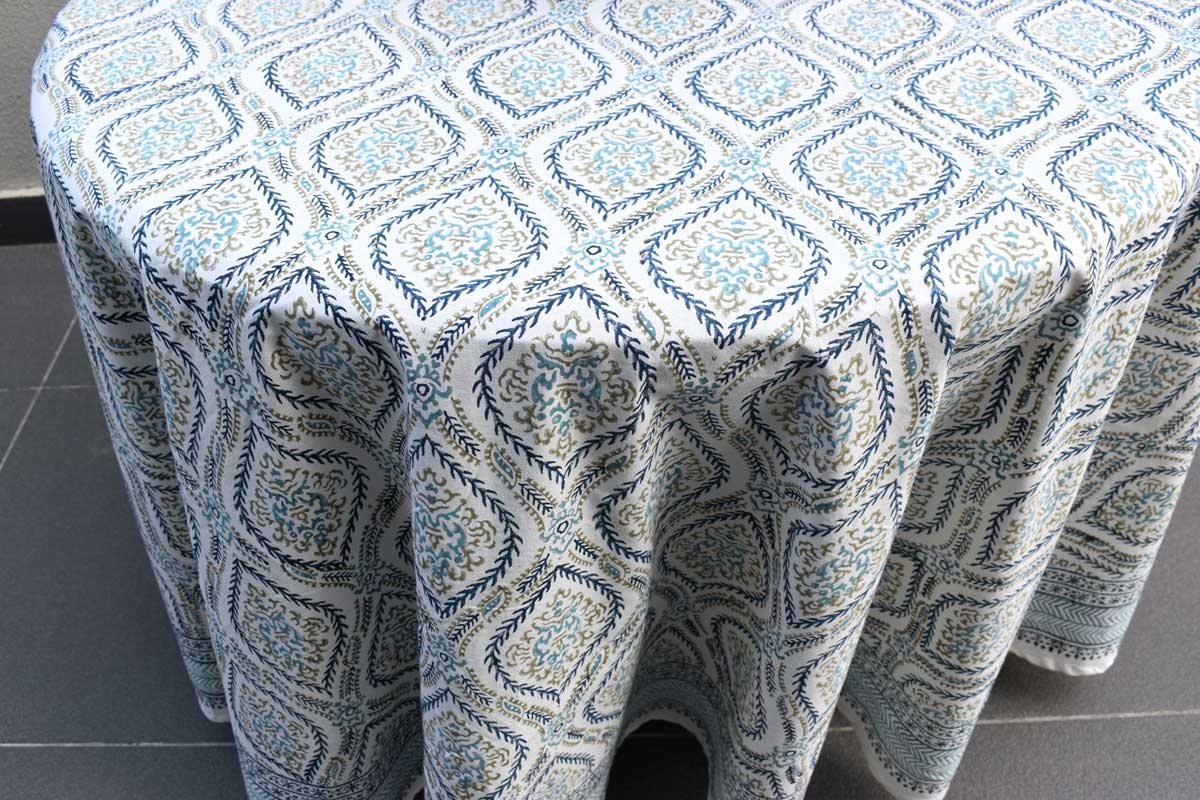 Round 220 cms Cotton French Design Table Cover Ogee Cerulean Blue 202518