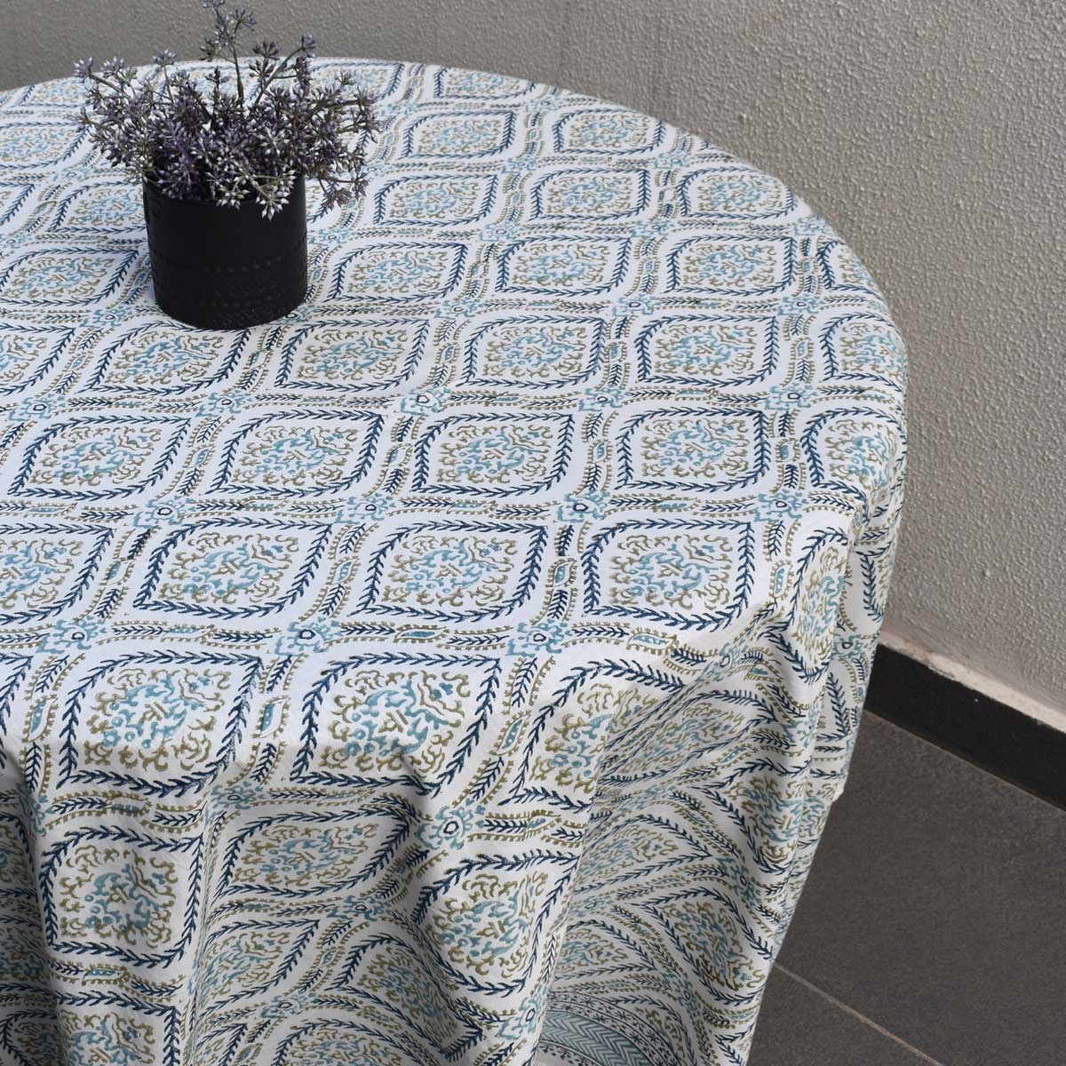 Round 180 cms Cotton French Design Table Cover Ogee Cerulean Blue 202518