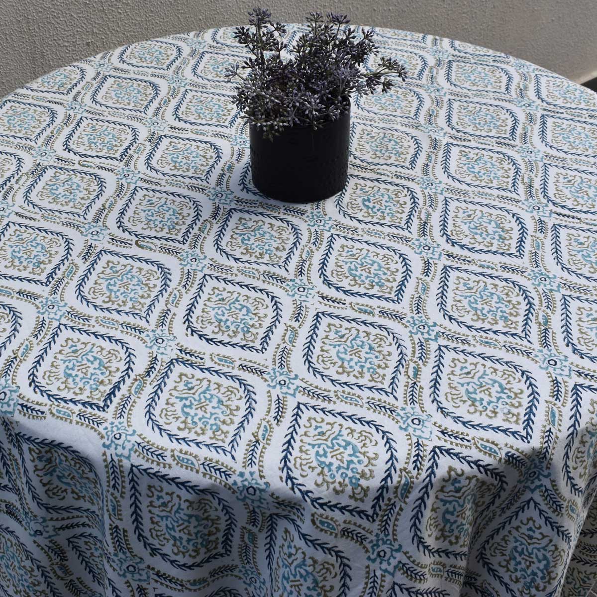 Round 220 cms Cotton French Design Table Cover Ogee Cerulean Blue 202518