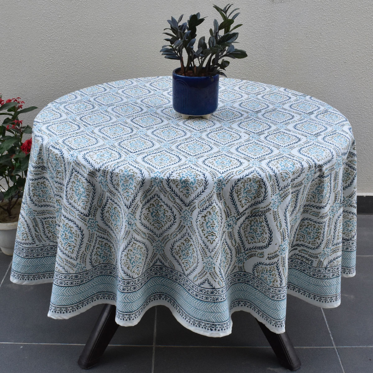 Round 180 cms Cotton French Design Table Cover Ogee Cerulean Blue 202518