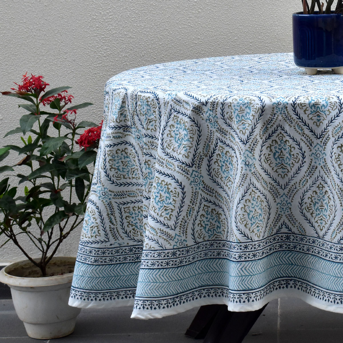 Round 220 cms Cotton French Design Table Cover Ogee Cerulean Blue 202518