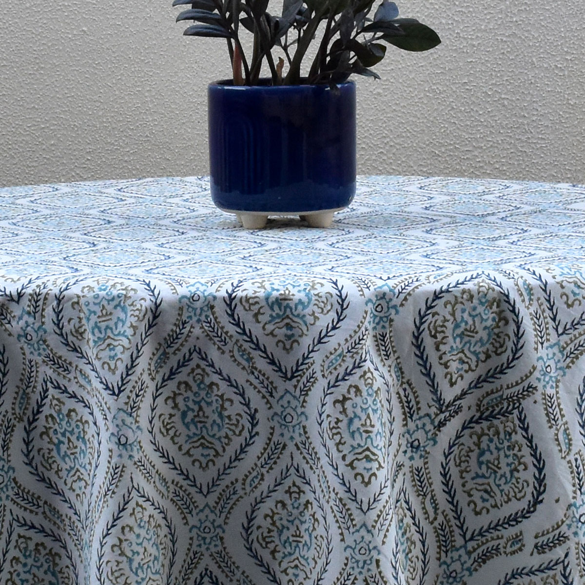 Round 220 cms Cotton French Design Table Cover Ogee Cerulean Blue 202518