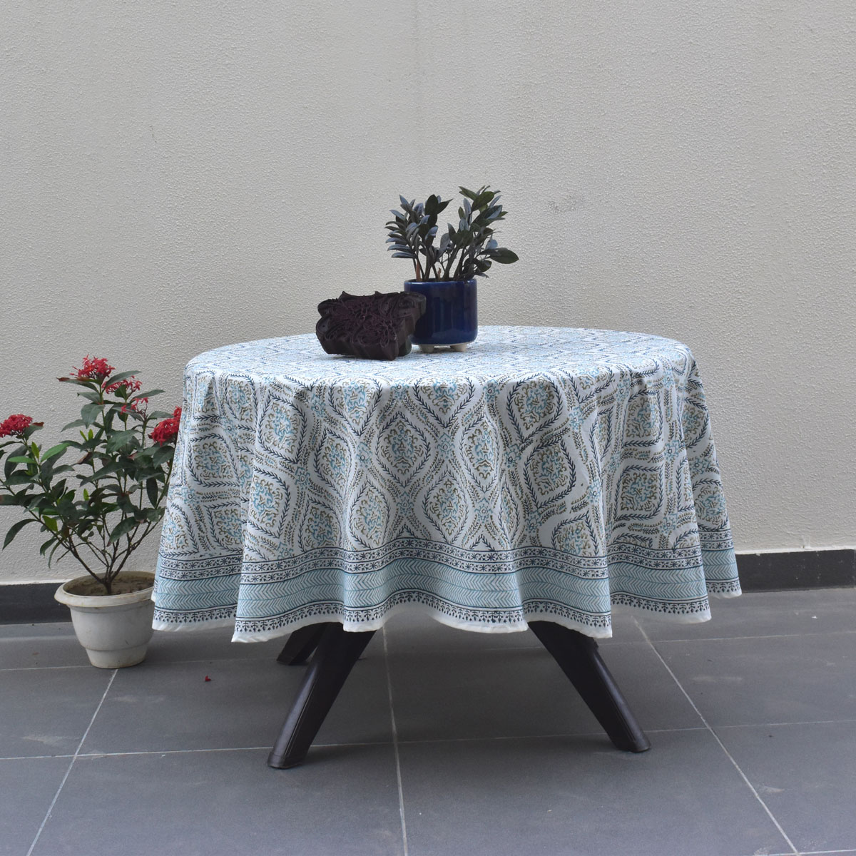 Round 180 cms Cotton French Design Table Cover Ogee Cerulean Blue 202518