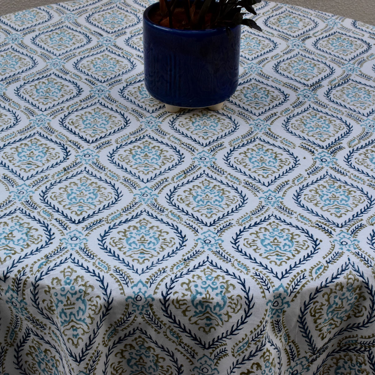 Round 180 cms Cotton French Design Table Cover Ogee Cerulean Blue 202518